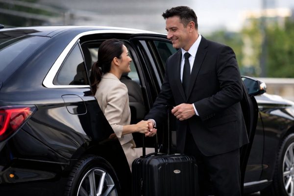 Professional chauffeur assisting a passenger