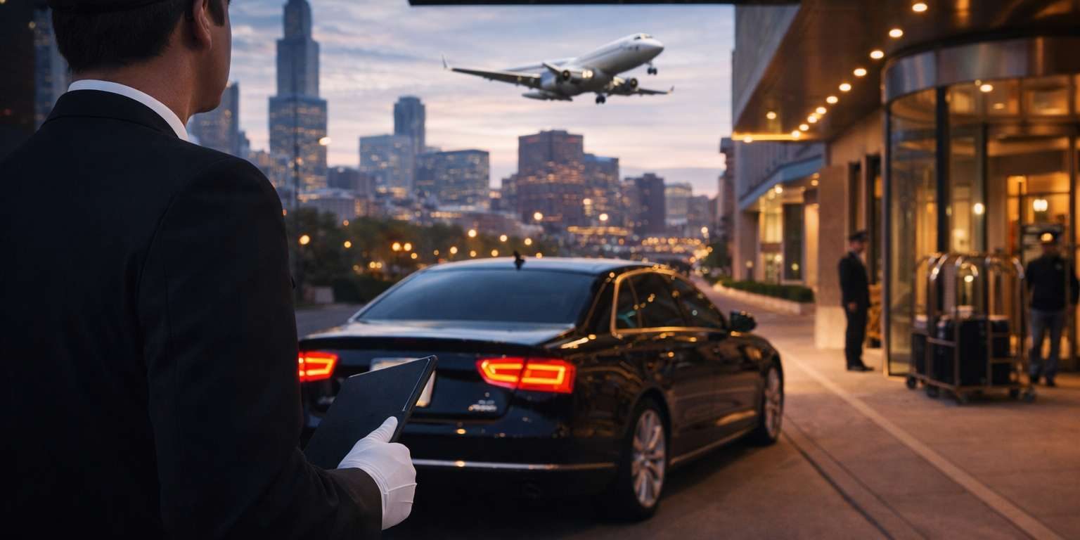 Chauffeur waiting with black luxury sedan for airport pickup at a major Chicago hotel