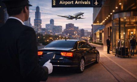 Chauffeur waiting with black luxury sedan for airport pickup at a major Chicago hotel
