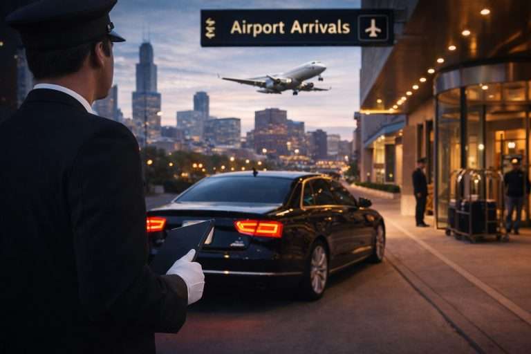 Chauffeur waiting with black luxury sedan for airport pickup at a major Chicago hotel