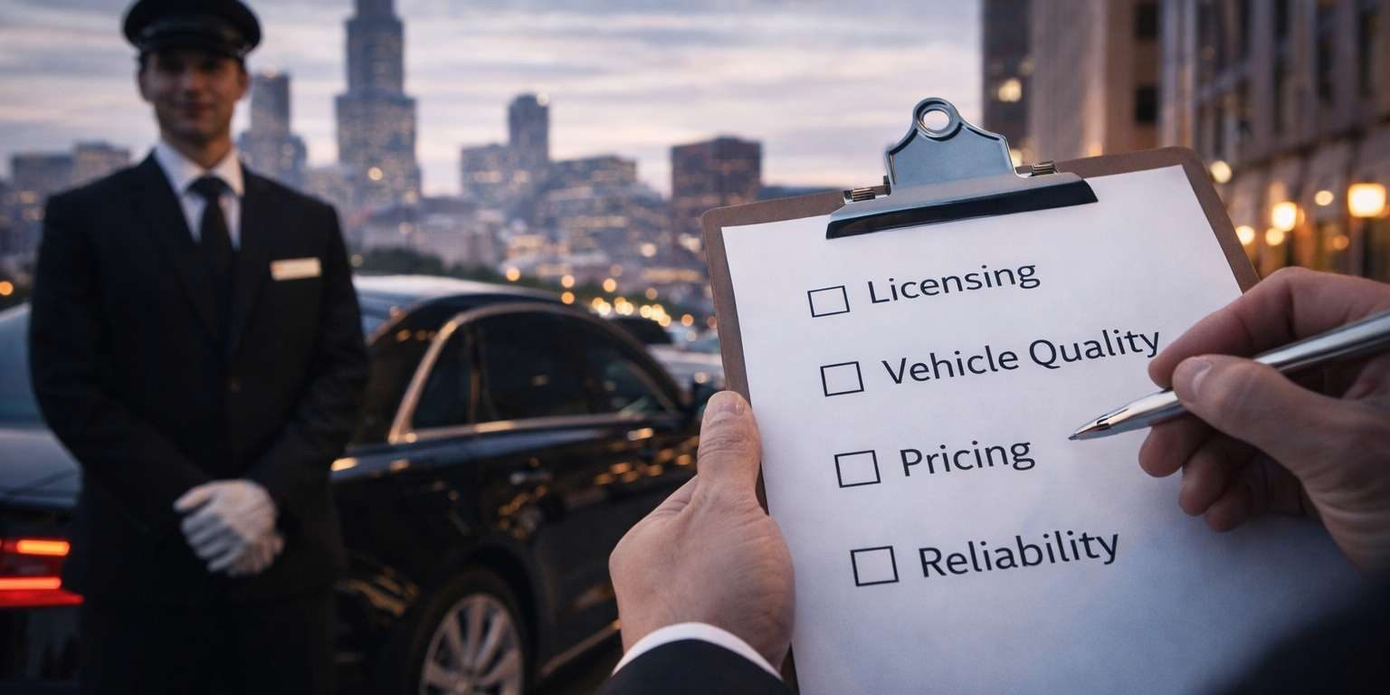 Checklist for choosing a professional chauffeur service in Chicago with chauffeur and black luxury sedan in background