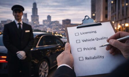 Checklist for choosing a professional chauffeur service in Chicago with chauffeur and black luxury sedan in background