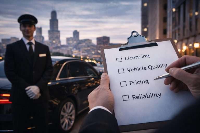 Checklist for choosing a professional chauffeur service in Chicago with chauffeur and black luxury sedan in background
