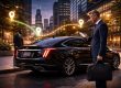 Black 2025 Cadillac CT5 for Chicago business travel with executive and chauffeur illustrating hourly versus point to point service