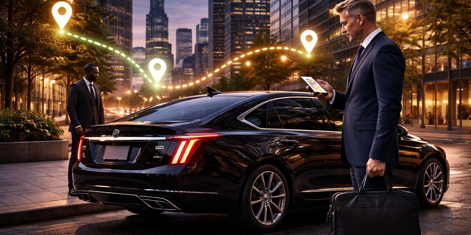 Black 2025 Cadillac CT5 for Chicago business travel with executive and chauffeur illustrating hourly versus point to point service