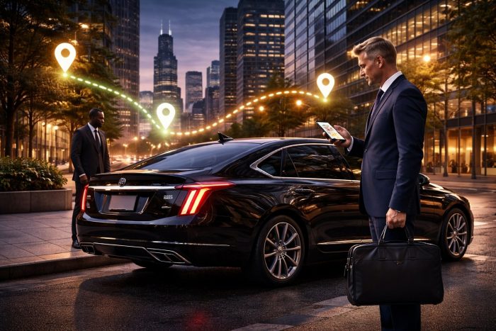 Black 2025 Cadillac CT5 for Chicago business travel with executive and chauffeur illustrating hourly versus point to point service
