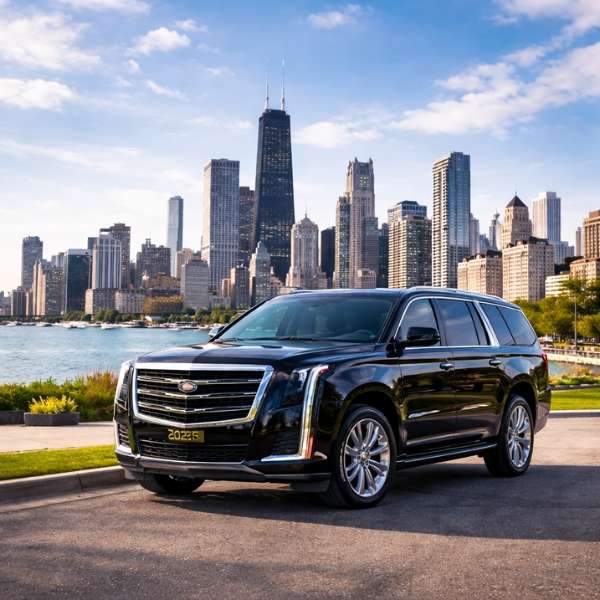 Black 2025 Cadillac Escalade parked by Chicago’s lakefront with the downtown skyline in the background on a sunny day, representing Chicago limo service.