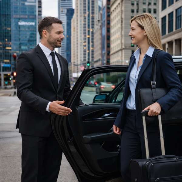 Chauffeur opening car door for businesswoman in downtown Chicago