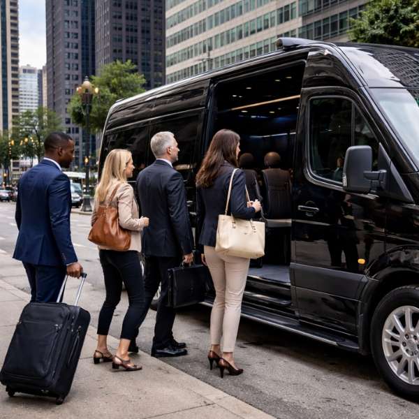 Professionals boarding a black Sprinter van for group transportation in Chicago