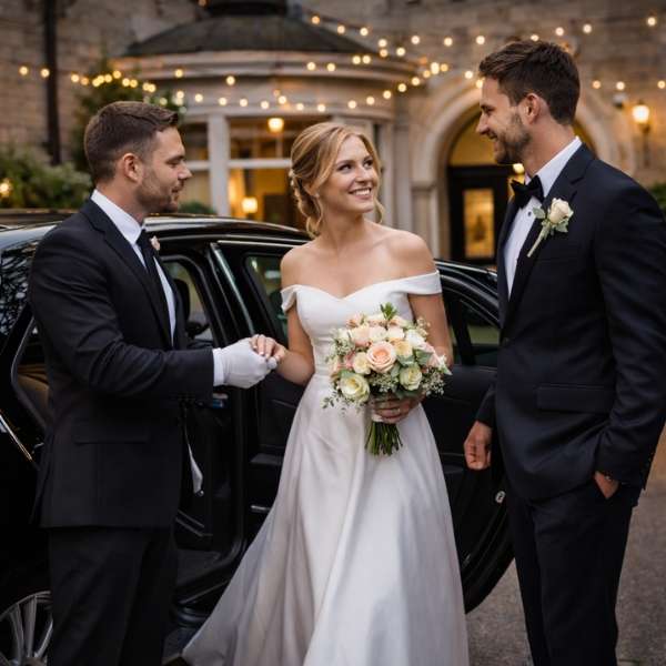 Wedding couple arriving by black luxury car for a special event with chauffeur assistance