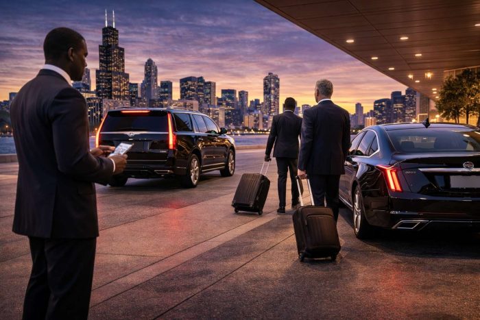 Multiple executives arriving in Chicago with chauffeur transportation, black luxury sedan and SUV