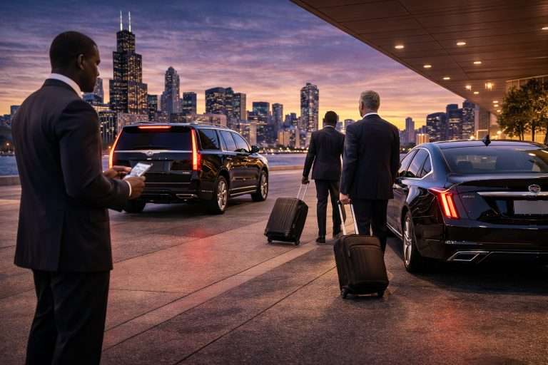 Multiple executives arriving in Chicago with chauffeur transportation, black luxury sedan and SUV