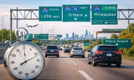 Chicago expressway route to O’Hare Airport illustrating travel time from North Shore suburbs