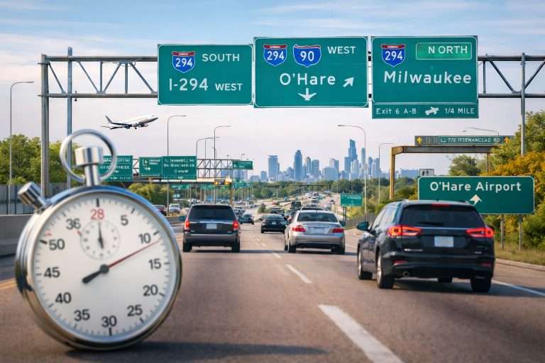 Chicago expressway route to O’Hare Airport illustrating travel time from North Shore suburbs