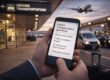 Traveler reviewing airport transportation questions on a smartphone at an airport pickup area in Chicago