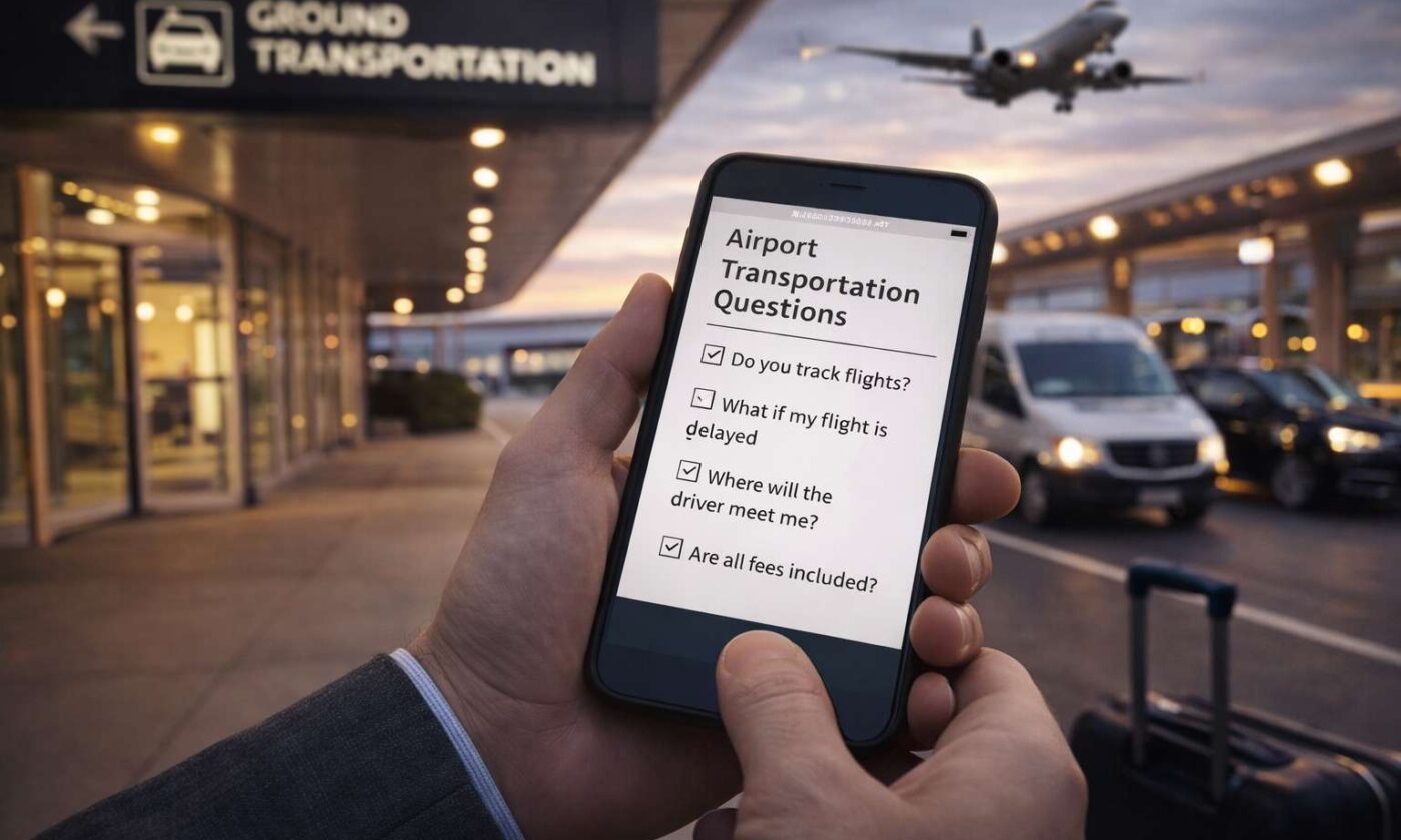 Traveler reviewing airport transportation questions on a smartphone at an airport pickup area in Chicago