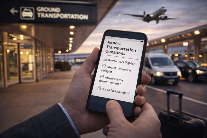 Traveler reviewing airport transportation questions on a smartphone at an airport pickup area in Chicago