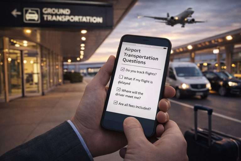 Traveler reviewing airport transportation questions on a smartphone at an airport pickup area in Chicago